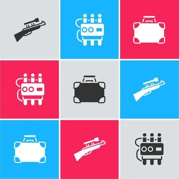 Set Sniper rifle with scope, Dynamite and timer clock and Briefcase money i.. Stock Illustration