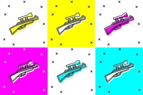 Set Sniper rifle with scope icon isolated on color background. Vector Stock Illustration