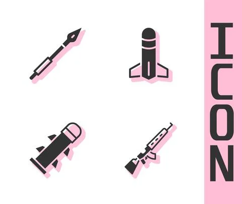 Set Sniper rifle with scope, Medieval spear, Rocket and icon. Vector Stock Illustration