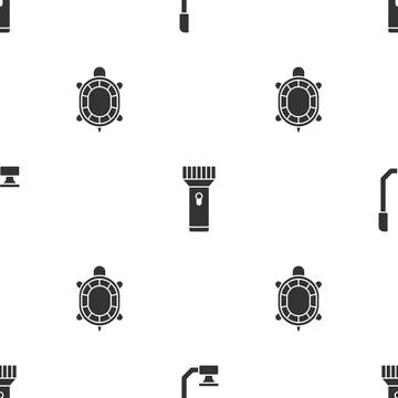 Set Snorkel, Flashlight and Turtle on seamless pattern. Vector Stock Illustration