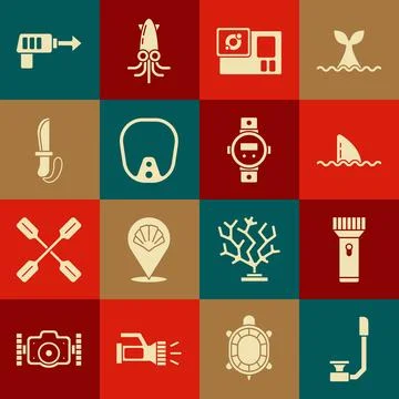Set Snorkel, Flashlight, Shark fin in ocean wave, Action camera, Diving mas.. Stock Illustration