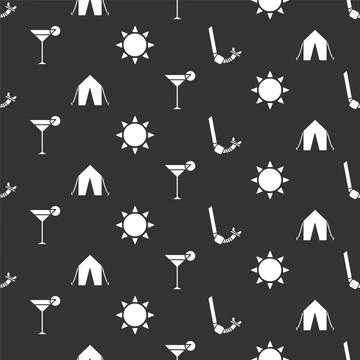 Set Snorkel, Tourist tent, Martini glass and Sun on seamless pattern. Vector イラスト素材