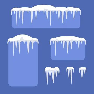 Set of snow caps of different sizes and shapes with hanging icicles is isolated Stock Illustration