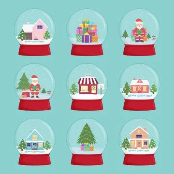 Set of snow globes with a town. Winter wonderland scenes in a snow globe. Stock Illustration