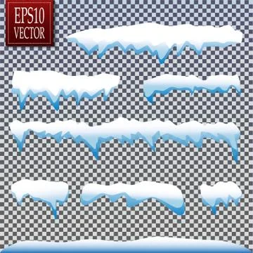 Set of snow icicles, snow cap isolated. Snowy elements on winter background.  Illustrazione stock