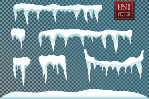 Set of snow icicles, snow cap isolated. Snowy elements on winter background.  Stock Illustration