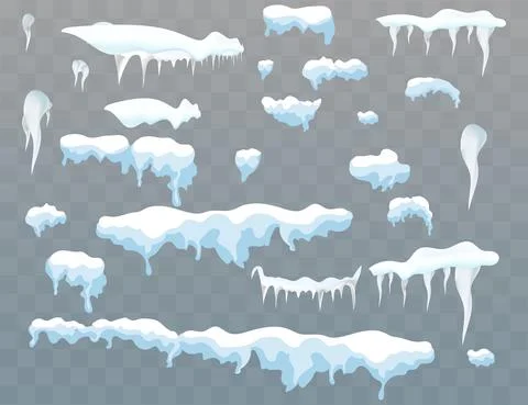 Set of snow icicles, snow cap isolated. Snowy elements on winter background.  Illustrazione stock