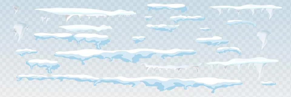 Set of snow icicles, snow cap isolated. Snowy elements on winter background Stock Illustration