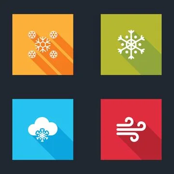 Set Snow, Snowflake, Cloud with snow and Wind icon. Vector Stock Illustration