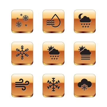 Set Snow, Wind, Snowflake, Cloud with snow and sun, and moon icon. Vector Ilustração Stock