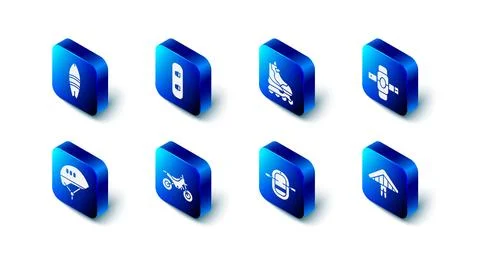 Set Snowboard, Roller skate, Knee pads, Hang glider, Rafting boat, Mountain bike Stock Illustration