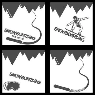 Set Snowboarding background. mountains and descending board Stock Illustration