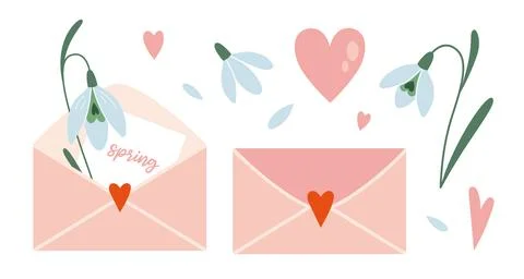 Set with snowdrops, envelope and hearts. First spring flowers, cartoon style Stock Illustration