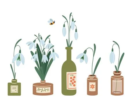 Set of snowdrops, first spring flowers in different bottles, cartoon style Stock Illustration