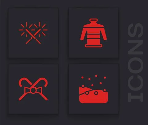 Set Snowfall, Sparkler firework, Christmas sweater and candy cane icon. Vector Stock Illustration