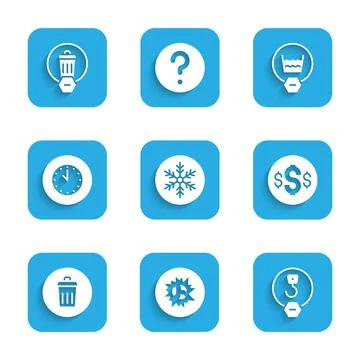 Set Snowflake, Bomb explosion, Industrial hook, Dollar symbol, Trash can, Clock Stock Illustration