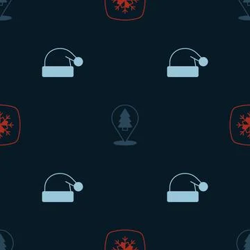 Set Snowflake, Christmas tree and Santa Claus hat on seamless pattern. Vector Stock Illustration