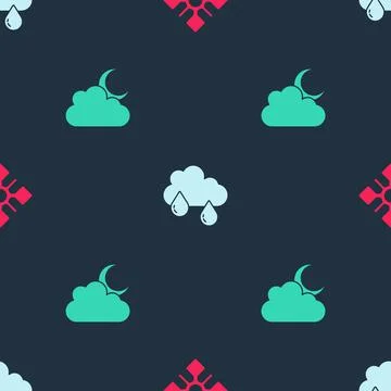 Set Snowflake, Cloud with rain and moon on seamless pattern. Vector Stock Illustration
