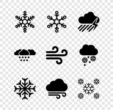 Set Snowflake, Cloud with rain and lightning, Windy weather and  icon. Vector Illustrazione stock
