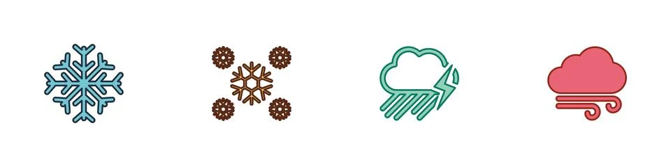 Set Snowflake, , Cloud with rain and lightning and Windy weather icon. Vector Stock Illustration