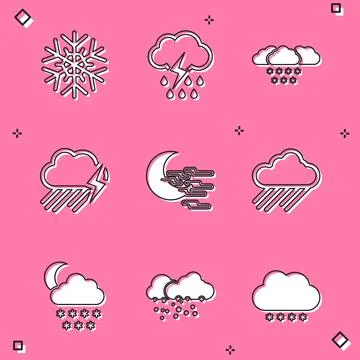 Set Snowflake, Cloud with rain and lightning, snow, Fog moon and  icon. Vecto Stock Illustration