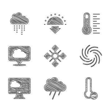 Set Snowflake, Cloud with rain, Meteorology thermometer, Tornado, Weather Illustrazione stock