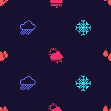 Set Snowflake, Cloud with rain, Windy weather and Water drop on seamless pattern Illustrazione stock