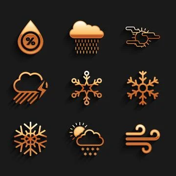 Set Snowflake, Cloud with snow and sun, Wind,  and rain lightning icon. Vecto Stock Illustration