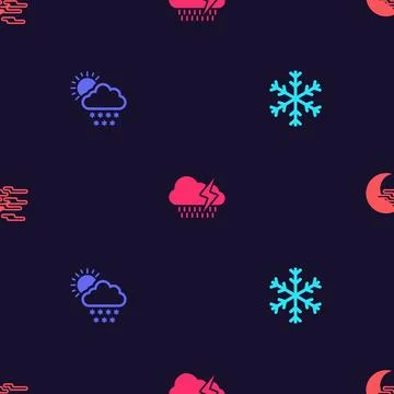 Set Snowflake, Cloud with snow and sun, rain lightning and Fog moon on seamle Illustrazione stock