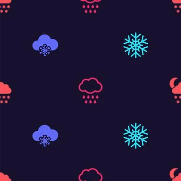 Set Snowflake, Cloud with snow, rain and and moon on seamless pattern. Vector Illustrazione stock