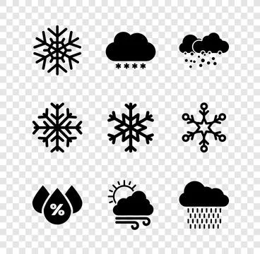 Set Snowflake, Cloud with snow, Water drop percentage, Windy weather and ra.. Stock Illustration