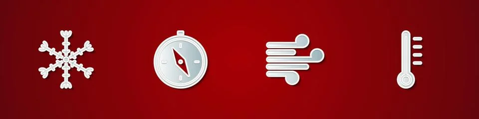 Set Snowflake, Compass, Wind and Meteorology thermometer icon. Vector Stock Illustration