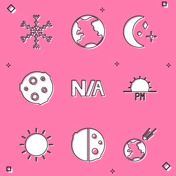 Set Snowflake, Earth globe, Moon and stars, Not applicable, Sunset, and Eclipse Ilustração Stock