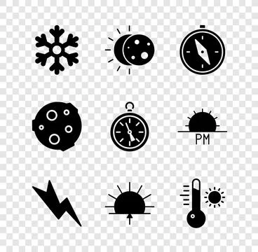 Set Snowflake, Eclipse of the sun, Compass, Lightning bolt, Sunrise, Meteorology Stock Illustration