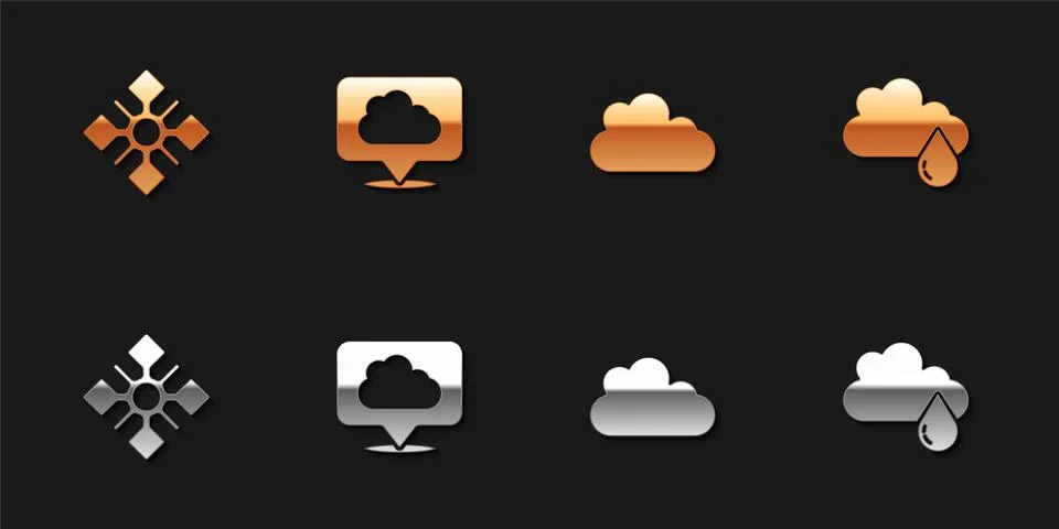Set Snowflake, Location cloud, Cloud and with rain icon. Vector Stock Illustration