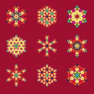 Set snowflake - Mandala on Jester Red background. Stock Illustration