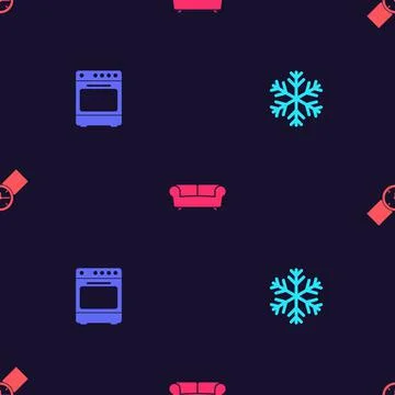 Set Snowflake, Oven, Sofa and Wrist watch on seamless pattern. Vector Stock Illustration