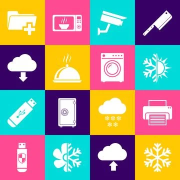 Set Snowflake, Printer, Sun and snowflake, Security camera, Covered with tr.. Stock Illustration