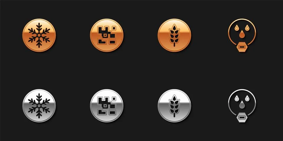 Set Snowflake, QR code, Wheat and Water drop forbidden icon. Vector Stock Illustration