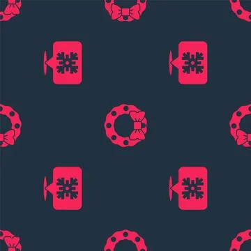 Set Snowflake speech bubble and Christmas wreath on seamless pattern. Vector Stock Illustration