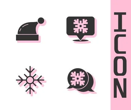 Set Snowflake speech bubble, Christmas Santa Claus hat,  and  icon. Vector Stock Illustration