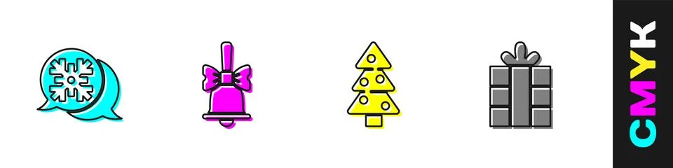 Set Snowflake speech bubble, Merry Christmas ringing bell, tree and Gift box イラスト素材