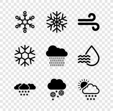 Set Snowflake, Wind, Cloud with snow,  and and sun icon. Vector Stock Illustration