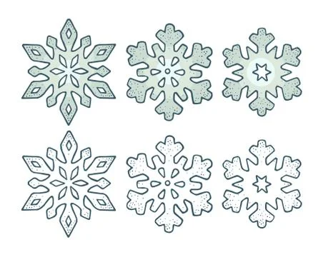Set snowflakes with three different ornaments. Vector engraving Stock Illustration