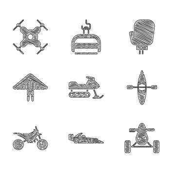 Set Snowmobile, Formula 1 racing car, ATV motorcycle, Kayak canoe, Mountain bike Stock Illustration