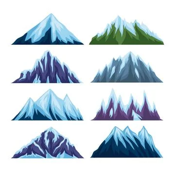 Set of snowy mountain set collection, Flat rock mountains relief. Snowy cli.. Stock Illustration