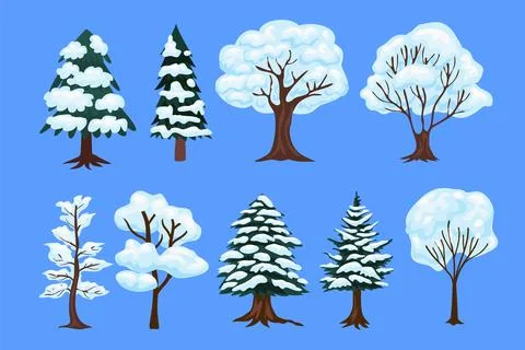 Set of snowy tree set collection, fir tree in snow cartoon, Spruce covered .. Stock Illustration