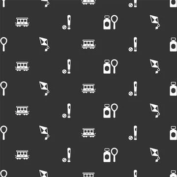 Set Soap bubbles bottle, Kite, Passenger train cars toy and Baseball bat with Stock Illustration