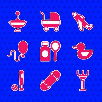 Set Soap bubbles bottle, Skateboard, Rake toy, Rubber duck, Baseball bat with Stock Illustration