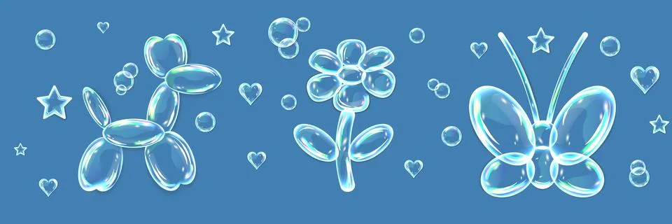 Set of soap bubbles, water drops in shape of butterfly, flower and dog with Stock Illustration